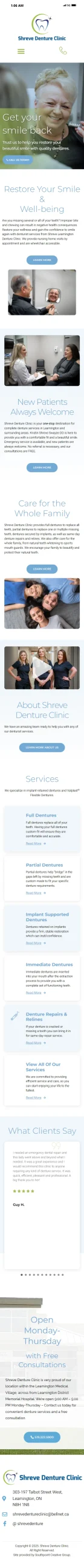 Shreve Denture Clinic mobile website screenshot