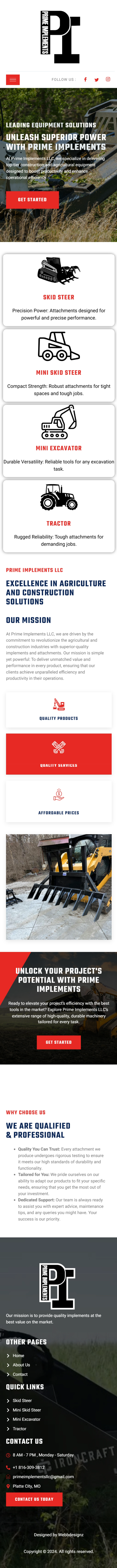 Prime Implements mobile website screenshot