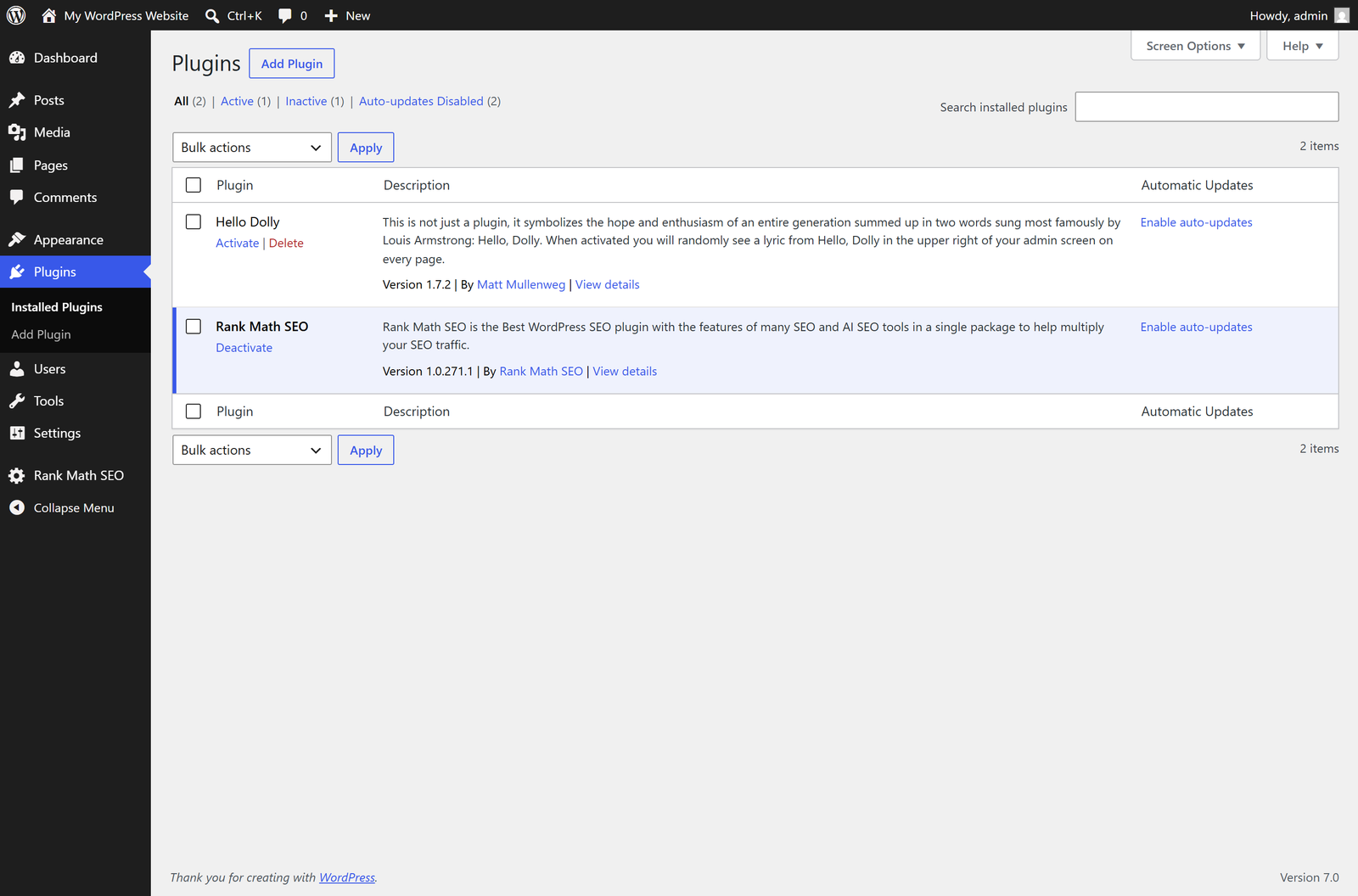 Rank Math SEO installed and active in the WordPress Plugins screen