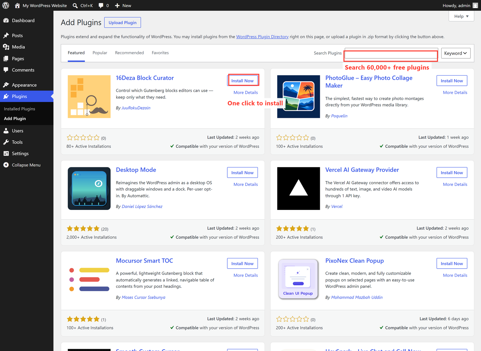 The Add Plugins screen showing the WordPress plugin directory