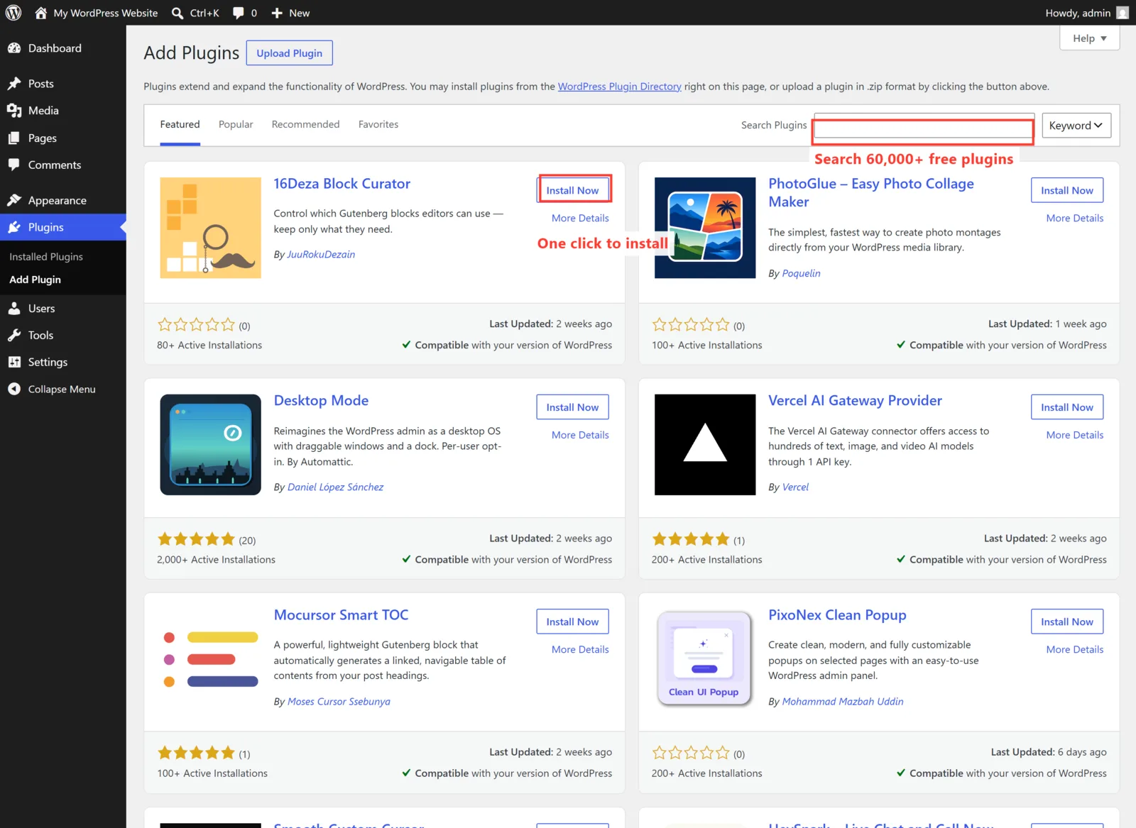 The Add Plugins screen showing the WordPress plugin directory
