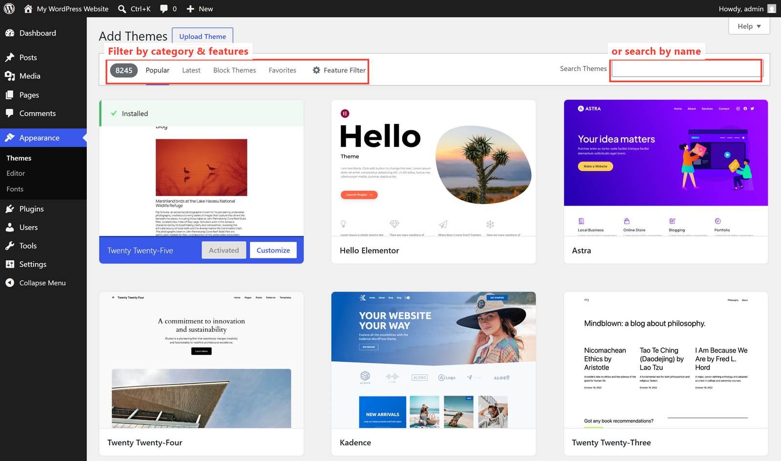 Browsing and adding a new theme in the WordPress theme directory
