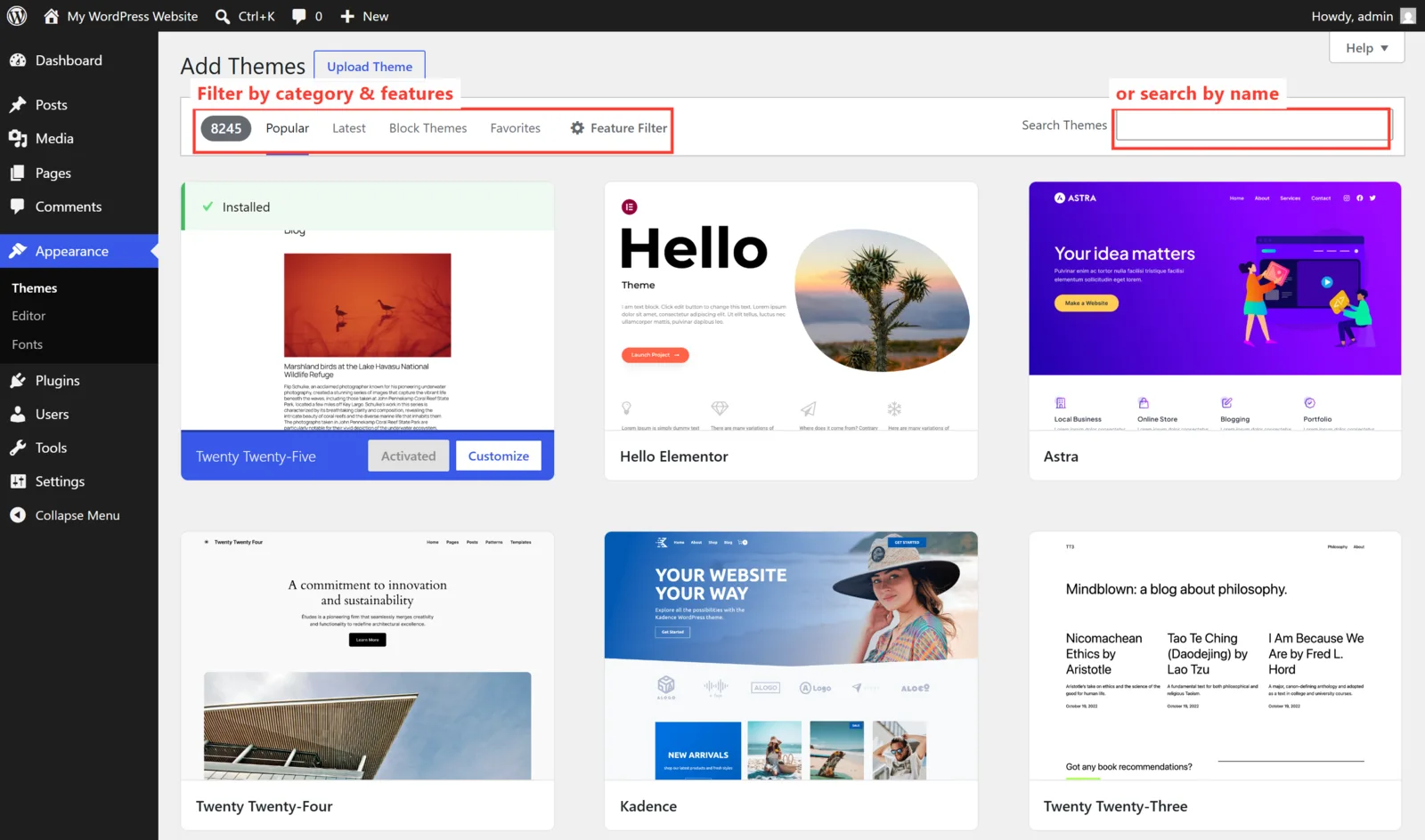 Browsing and adding a new theme in the WordPress theme directory