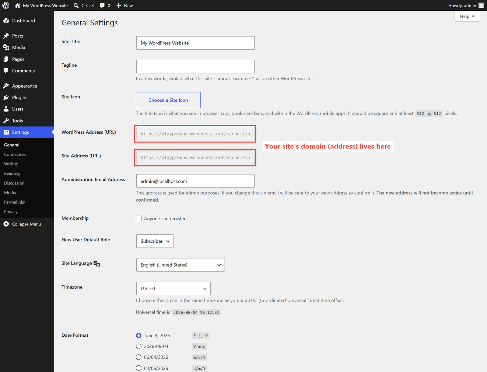 The WordPress General Settings screen showing the WordPress Address and Site Address URL fields