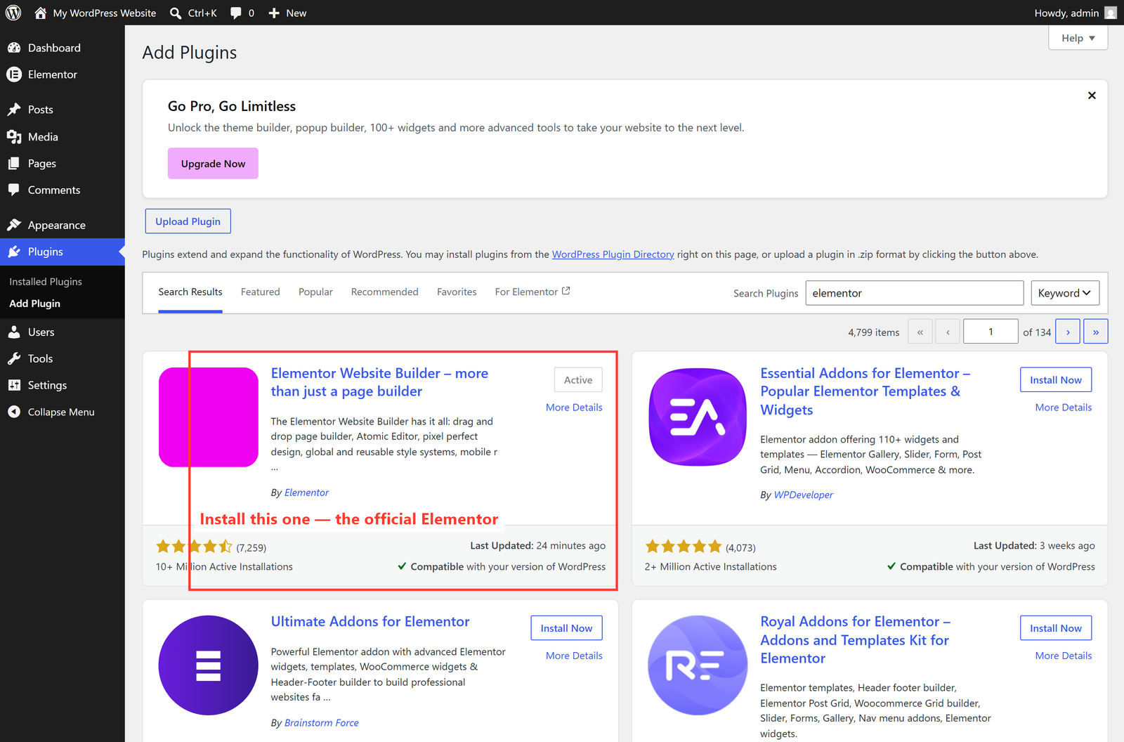 Elementor in the WordPress Add Plugins directory, with the official plugin highlighted