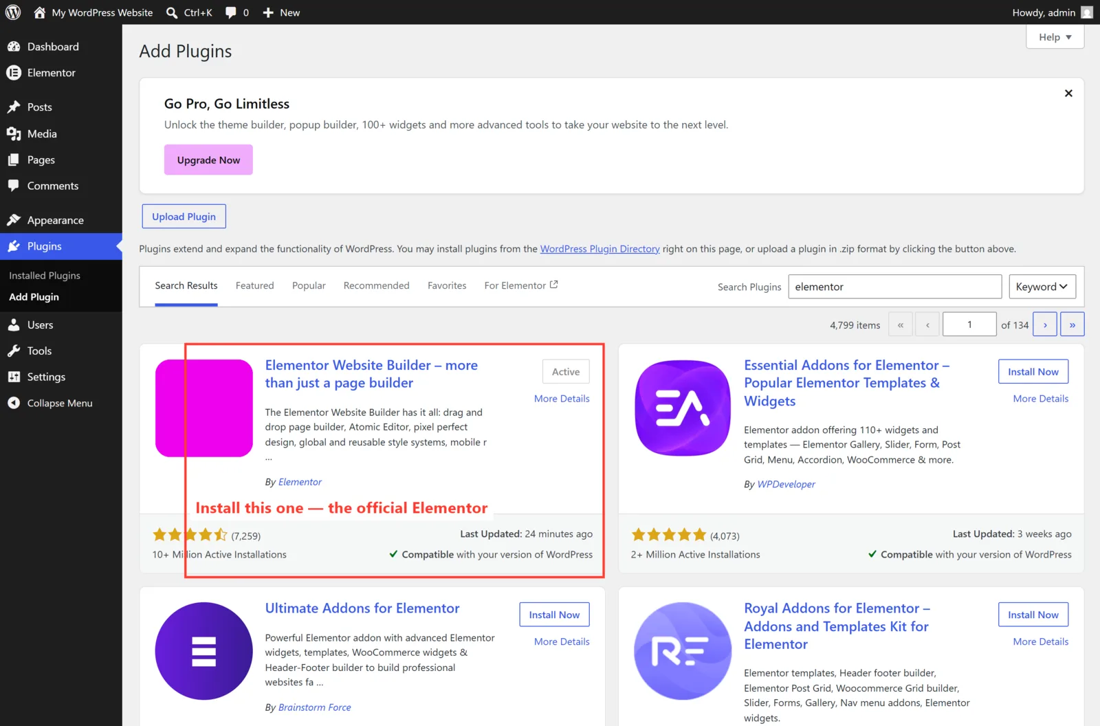 Elementor in the WordPress Add Plugins directory, with the official plugin highlighted