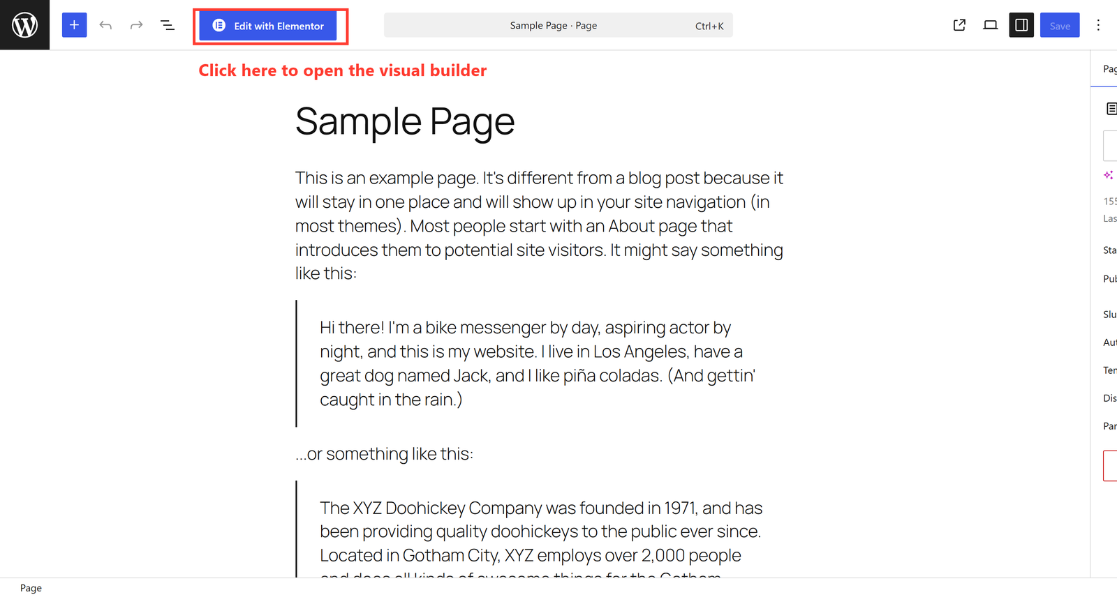 The Edit with Elementor button highlighted on a WordPress page