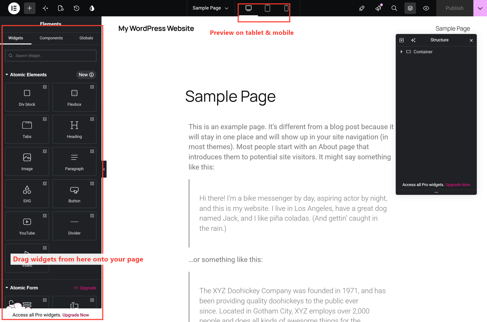 The Elementor editor with the widget panel and device preview controls highlighted