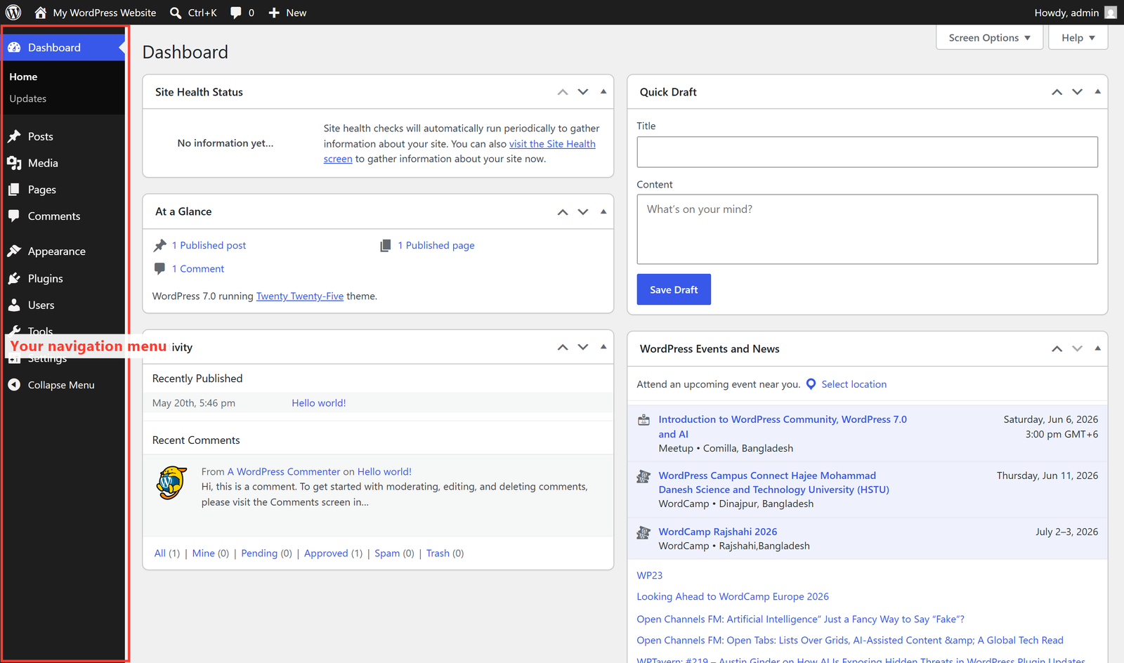 The WordPress admin dashboard where you manage your site