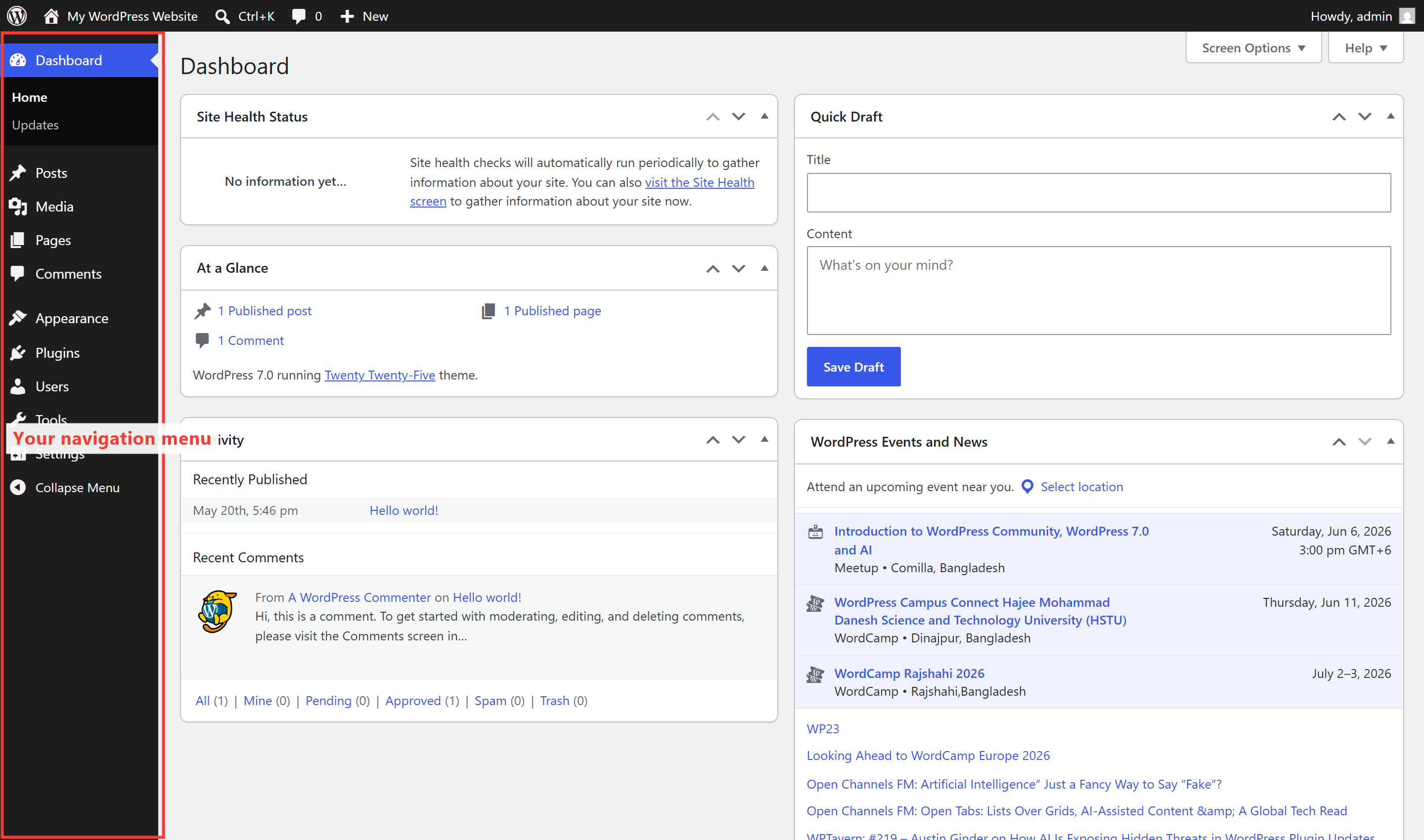 The WordPress admin dashboard where you manage your site