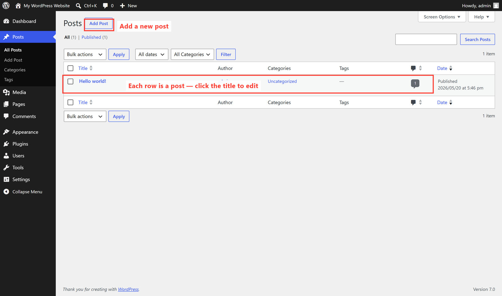 The Posts screen in the WordPress dashboard