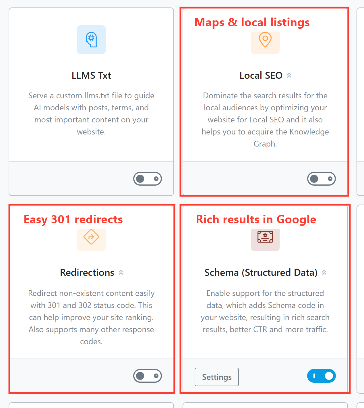The Rank Math module grid with the Local SEO, Redirections and Schema cards highlighted