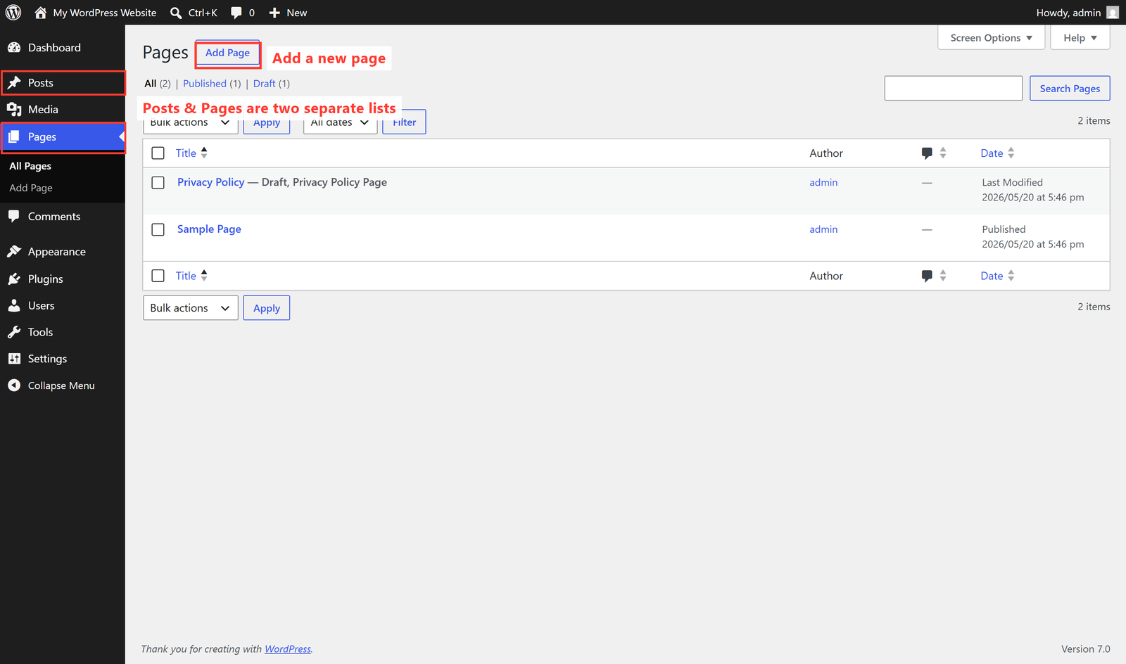 The Pages list in the WordPress dashboard