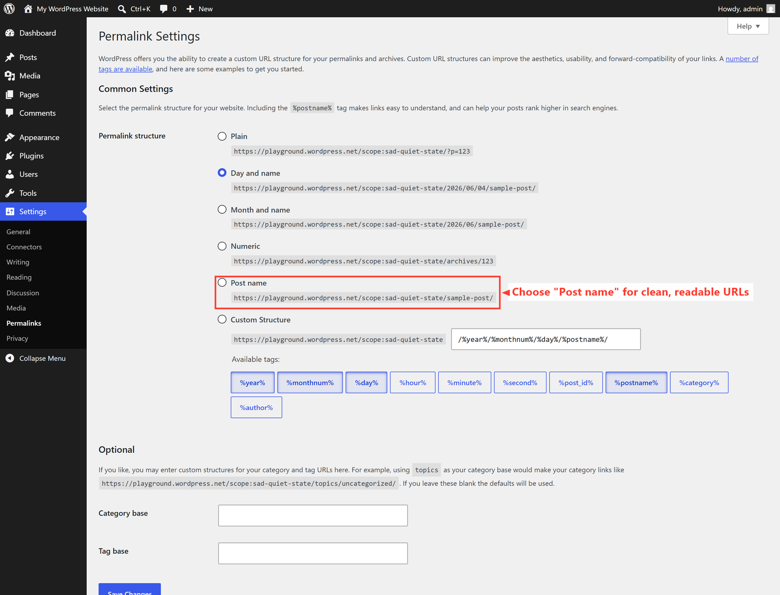 The WordPress Permalinks settings screen for SEO-friendly URLs