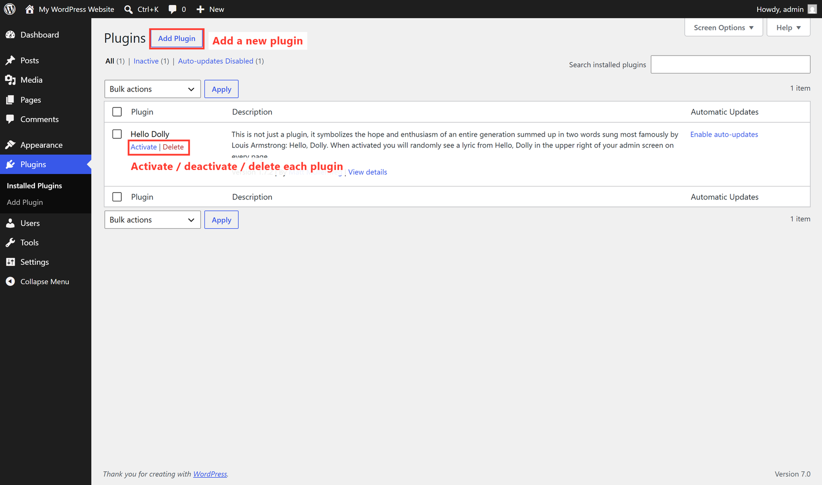 The installed Plugins screen in WordPress