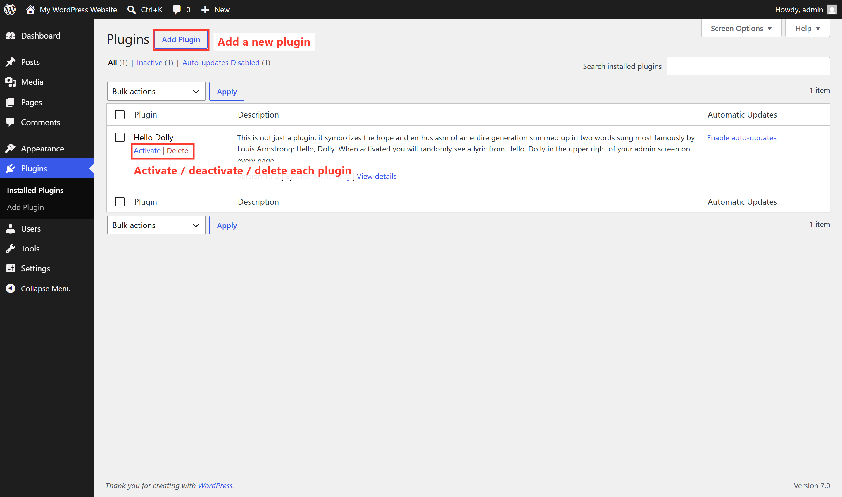 The installed Plugins screen in WordPress