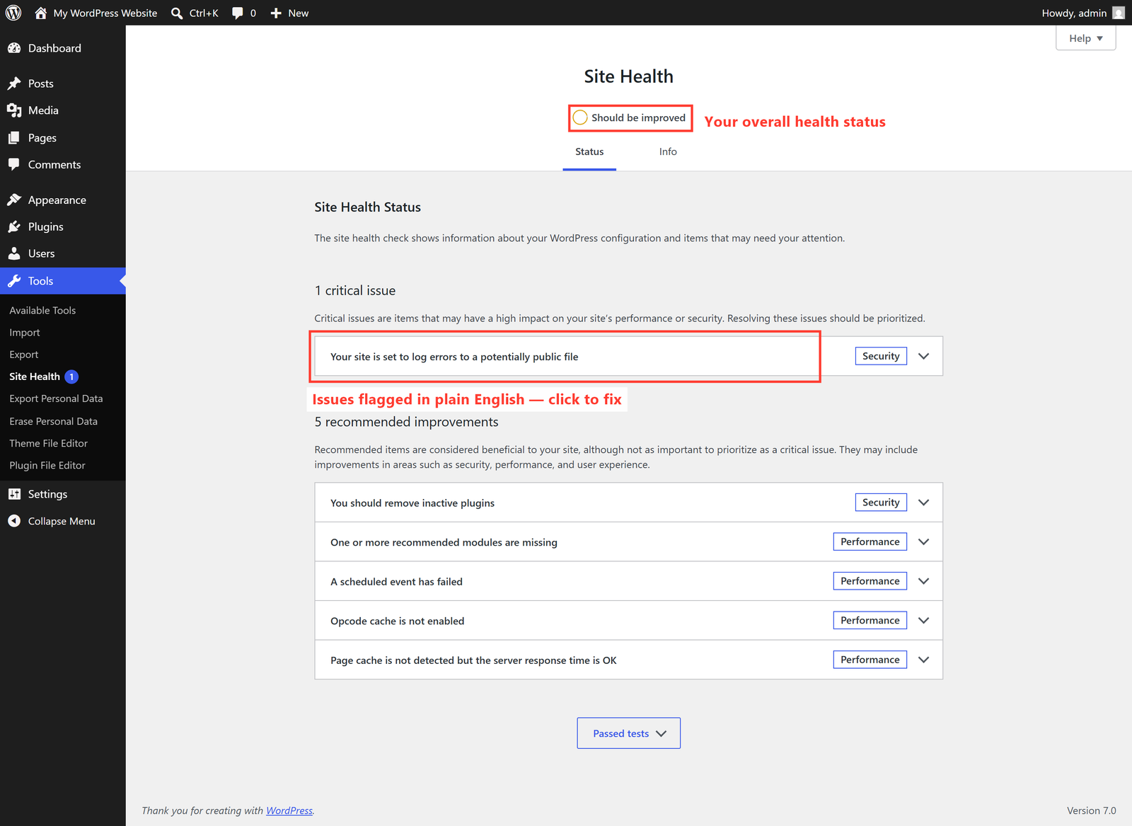 The WordPress Site Health screen