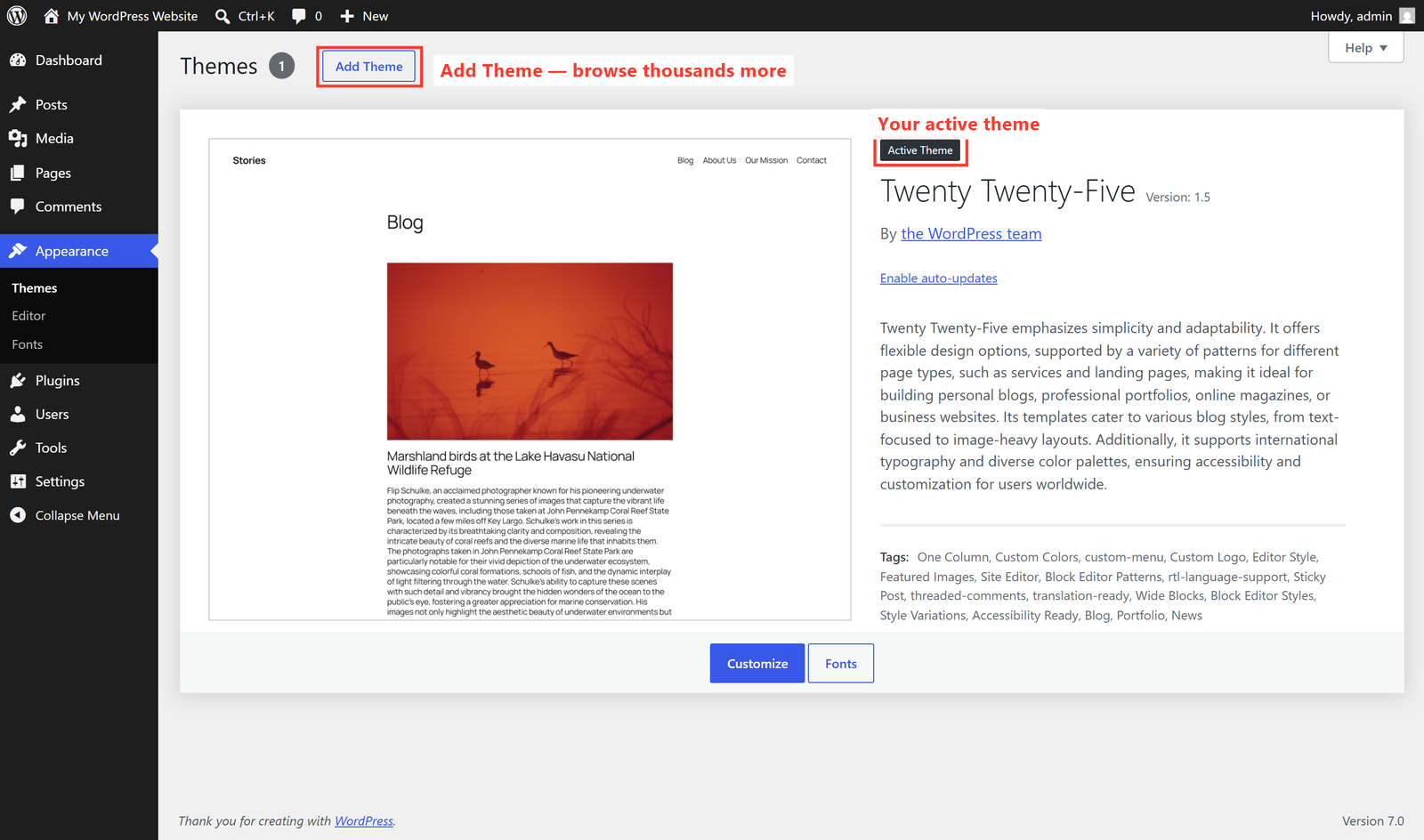 The WordPress Appearance Themes screen