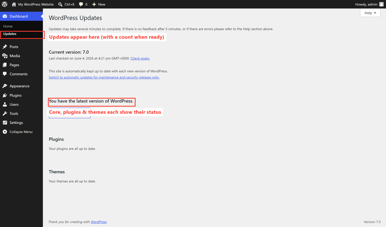 The WordPress Updates screen