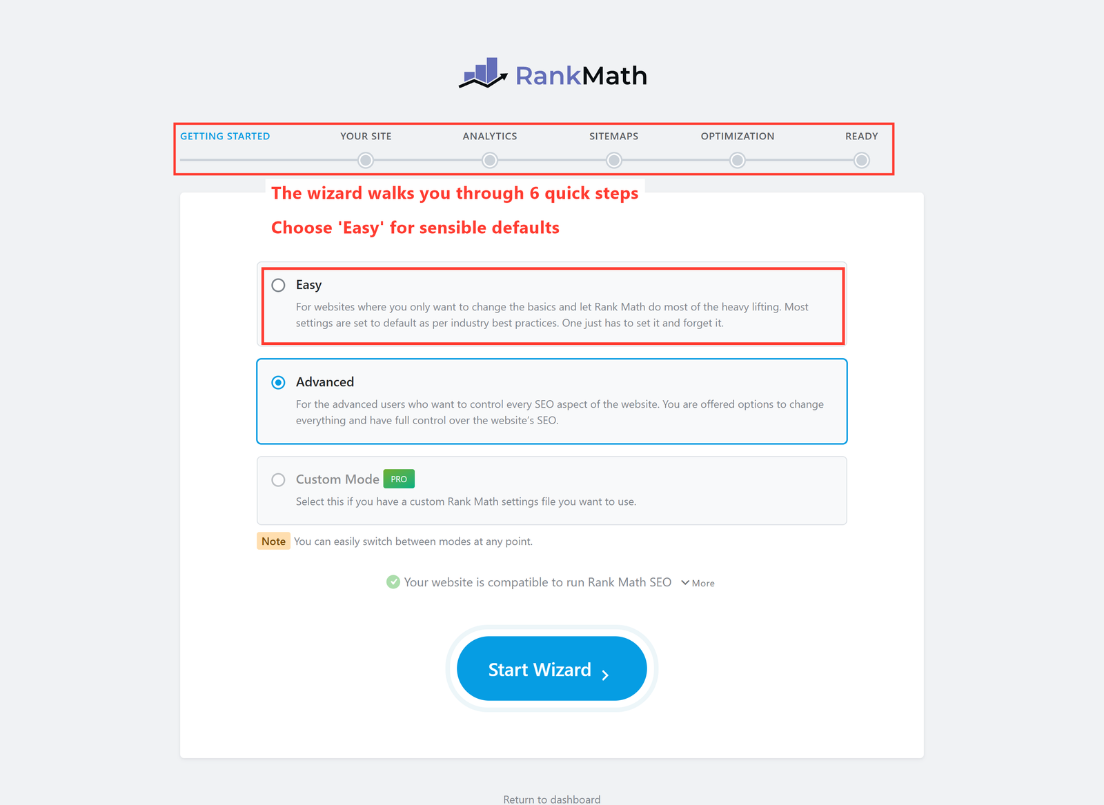 The Rank Math setup wizard with the step bar and the recommended Easy mode highlighted