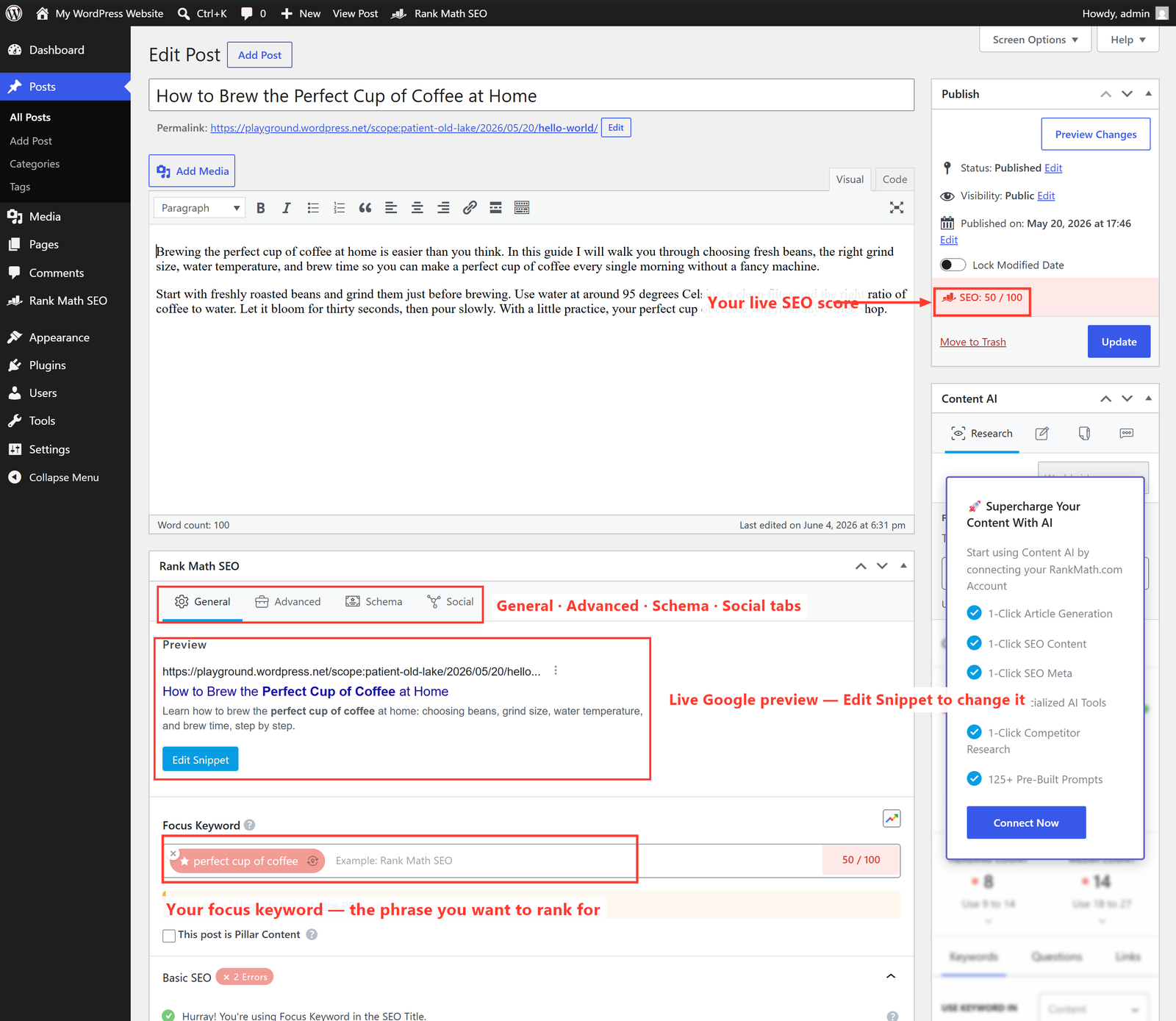 The Rank Math per-post SEO box with the SEO score, the General/Advanced/Schema/Social tabs, the snippet preview and the focus keyword field all highlighted