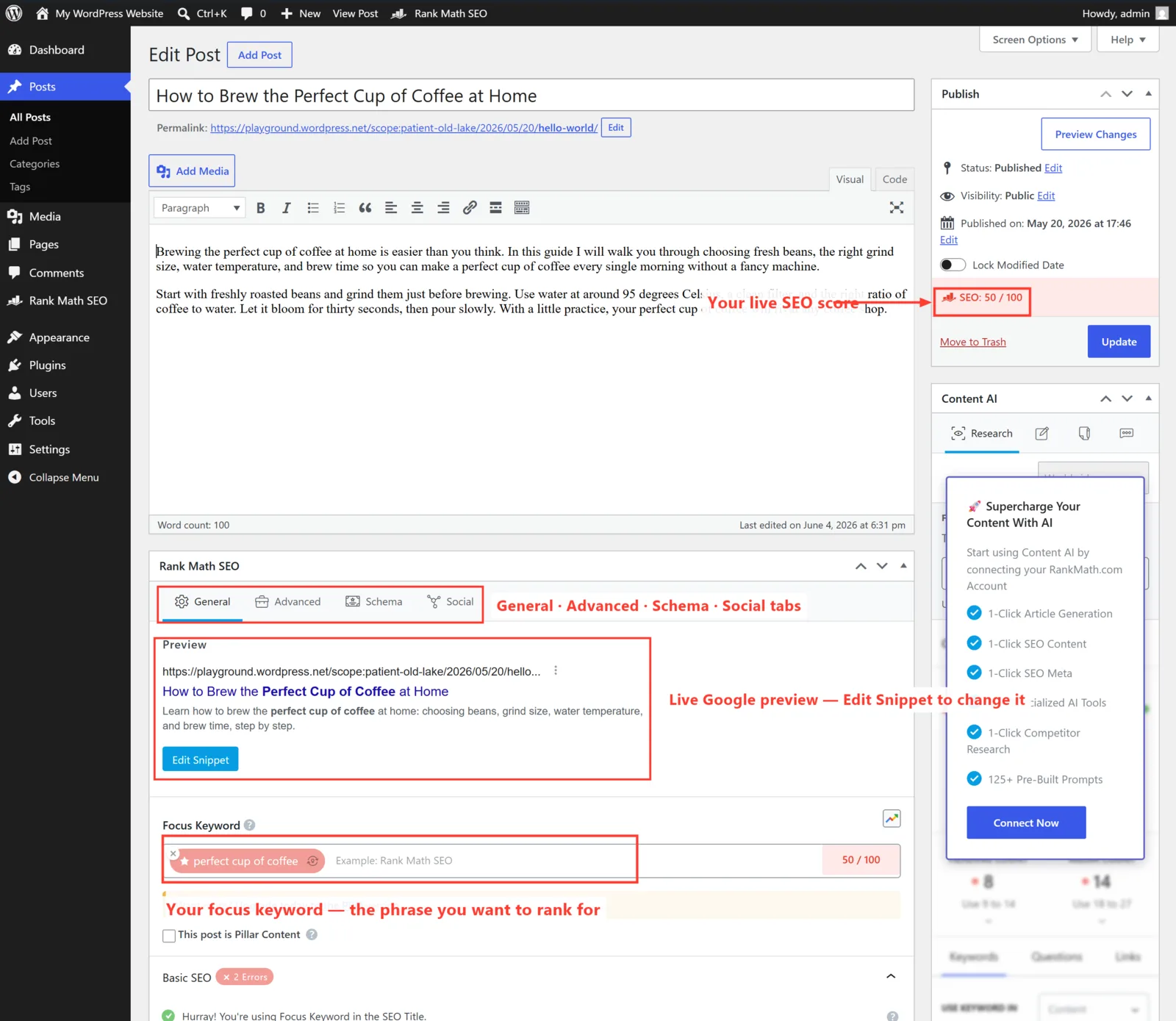 The Rank Math per-post SEO box with the SEO score, the General/Advanced/Schema/Social tabs, the snippet preview and the focus keyword field all highlighted