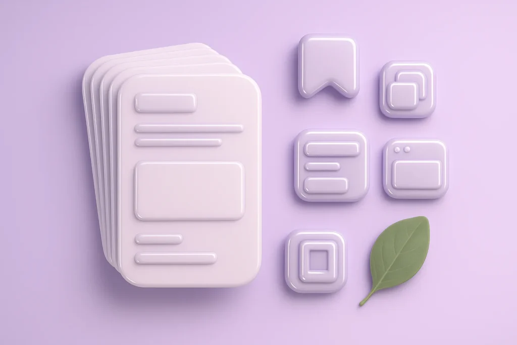 Glossy reusable template cards fanned out with form and popup power-feature badges