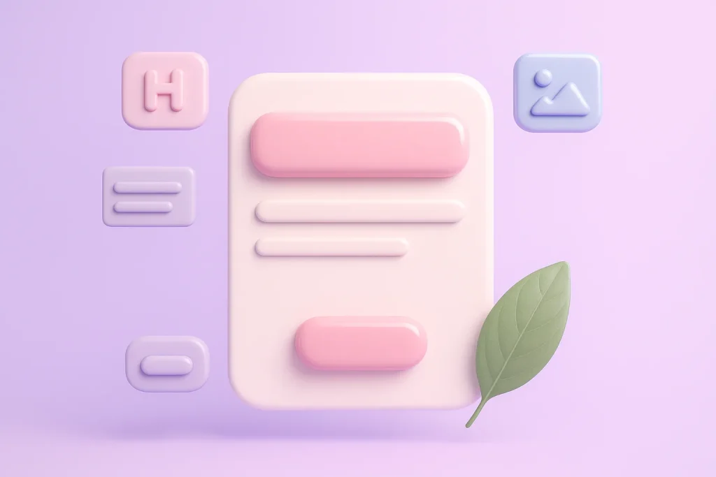 A glossy hero-section card with heading, text and button surrounded by widget icons