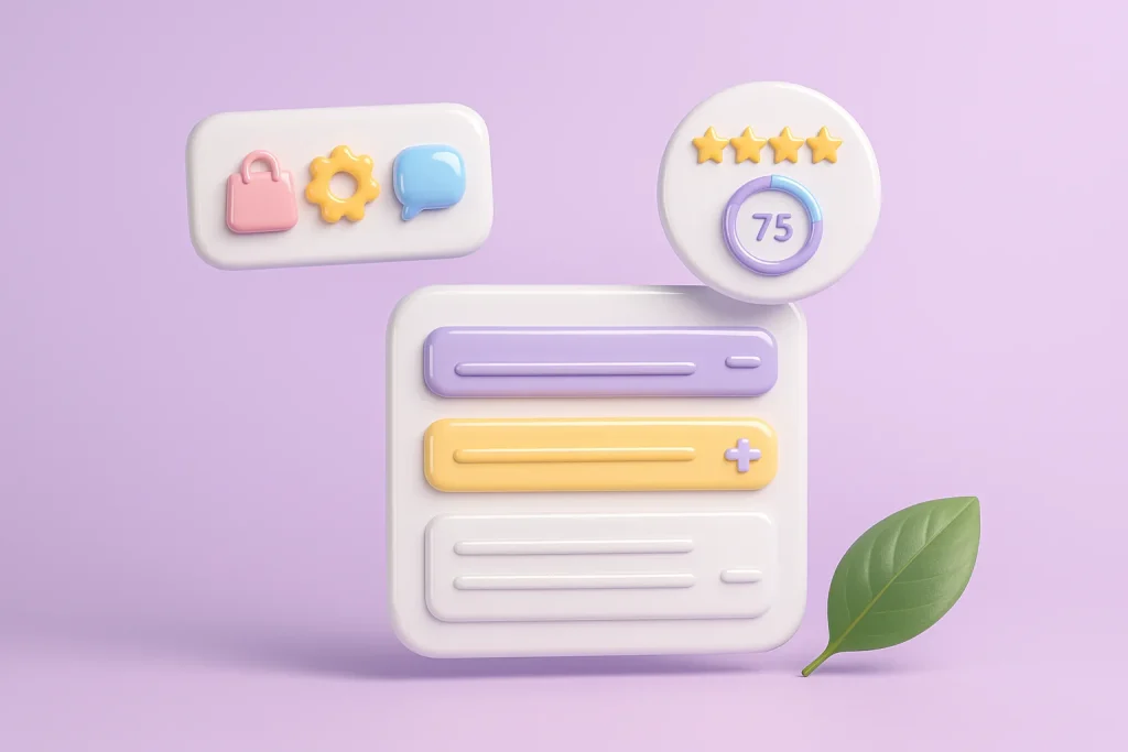 Glossy 3D widgets: an accordion, a services tile, a star rating and a counter