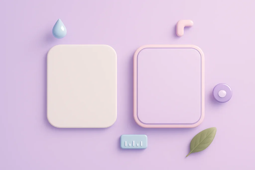 Two glossy cards: one plain, one styled with shadow and rounded border, with design control icons