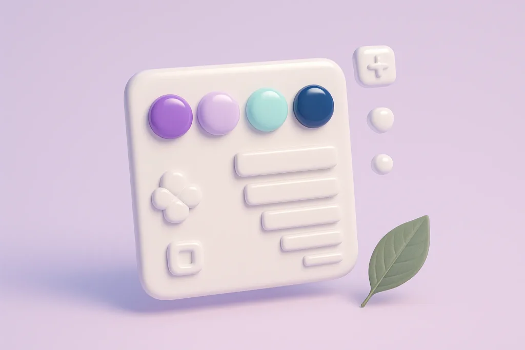 A glossy design-system panel with colour swatches and a type scale