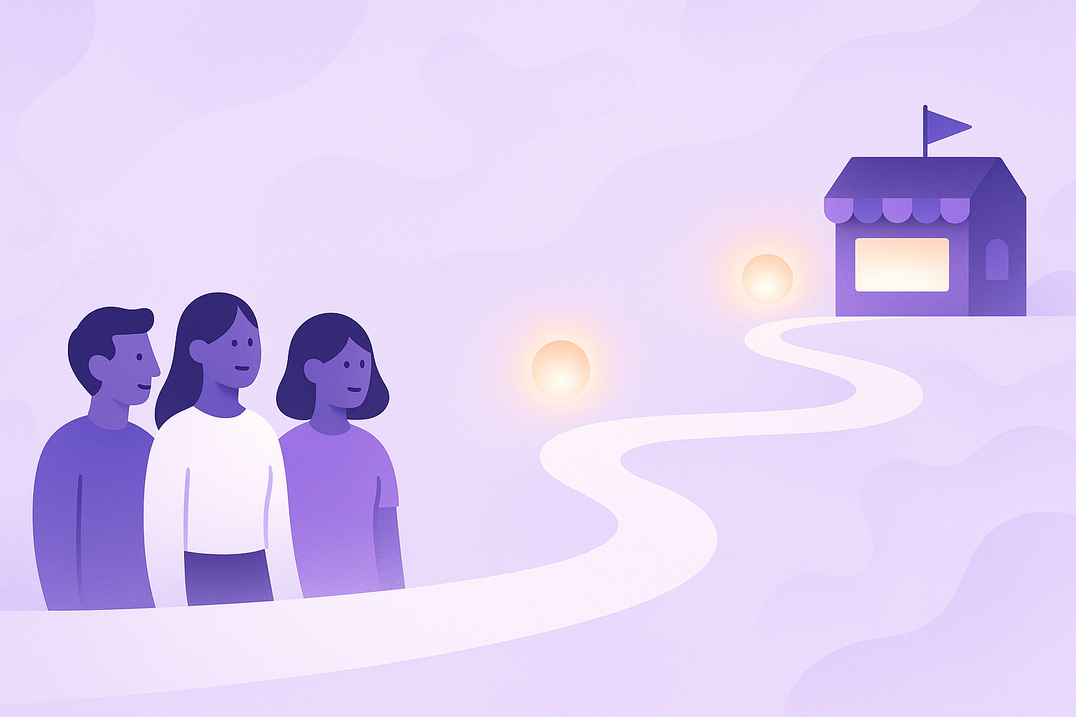 Illustration of three customers following a path of glowing milestones to a welcoming storefront