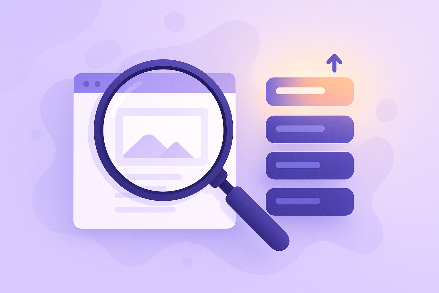 Illustration of SEO with a magnifying glass over a web page and a rising top search result
