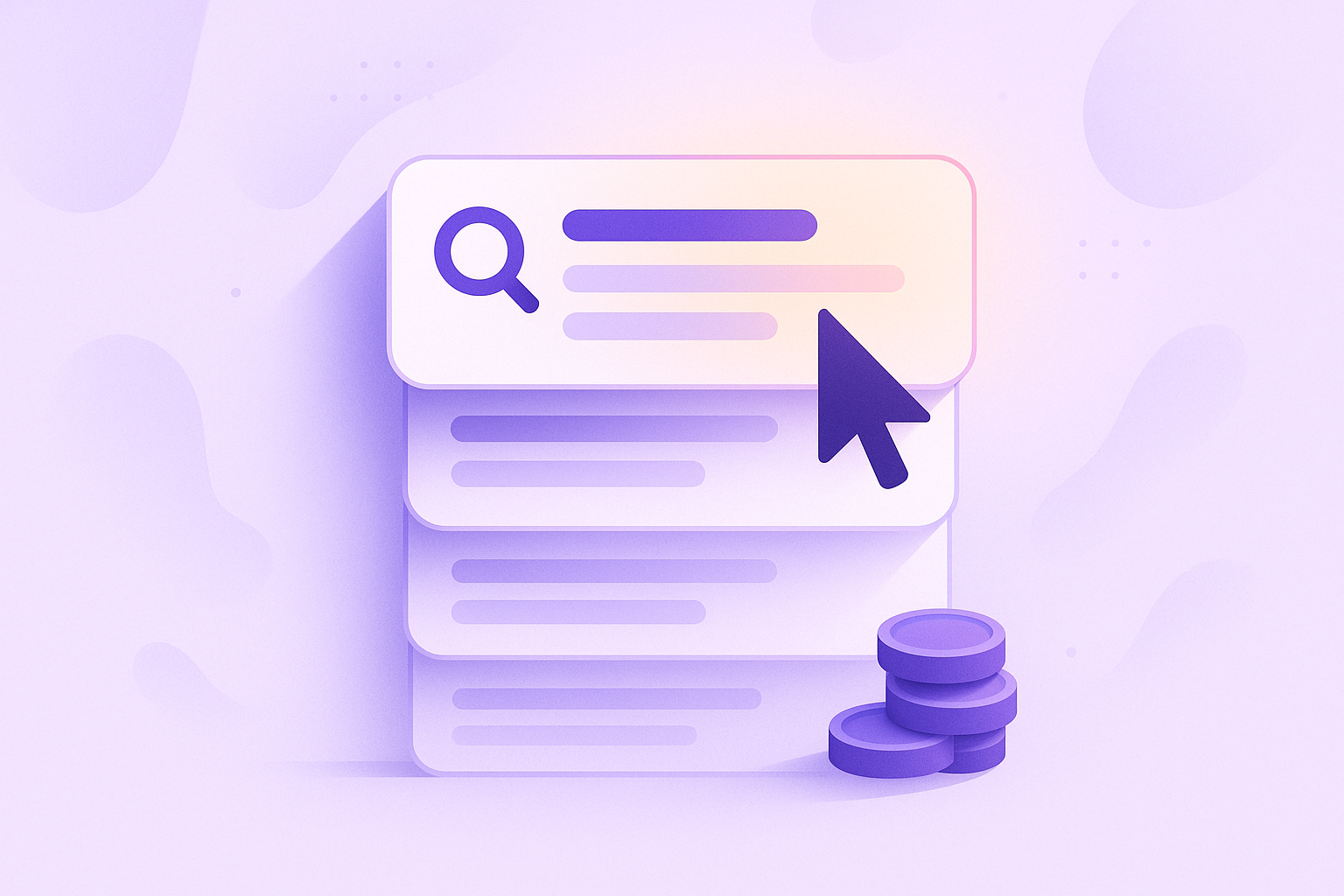 Illustration of Google Ads with a highlighted top search result, click cursor and coins