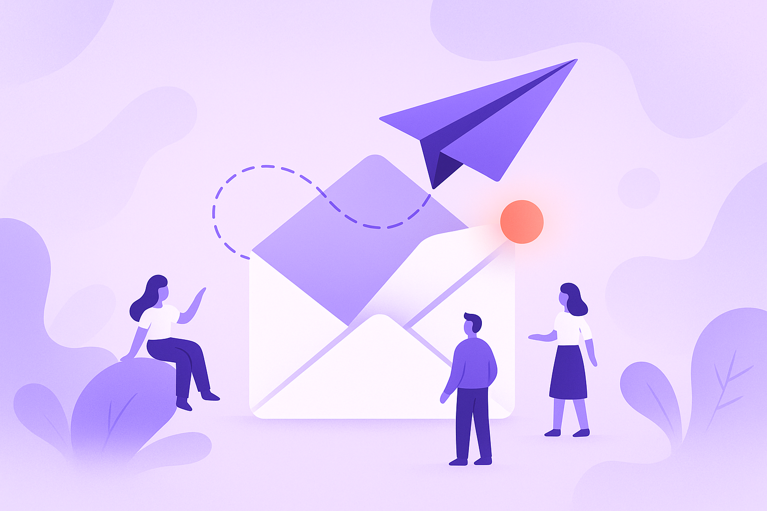 Illustration of email marketing with an envelope and paper plane reaching an audience