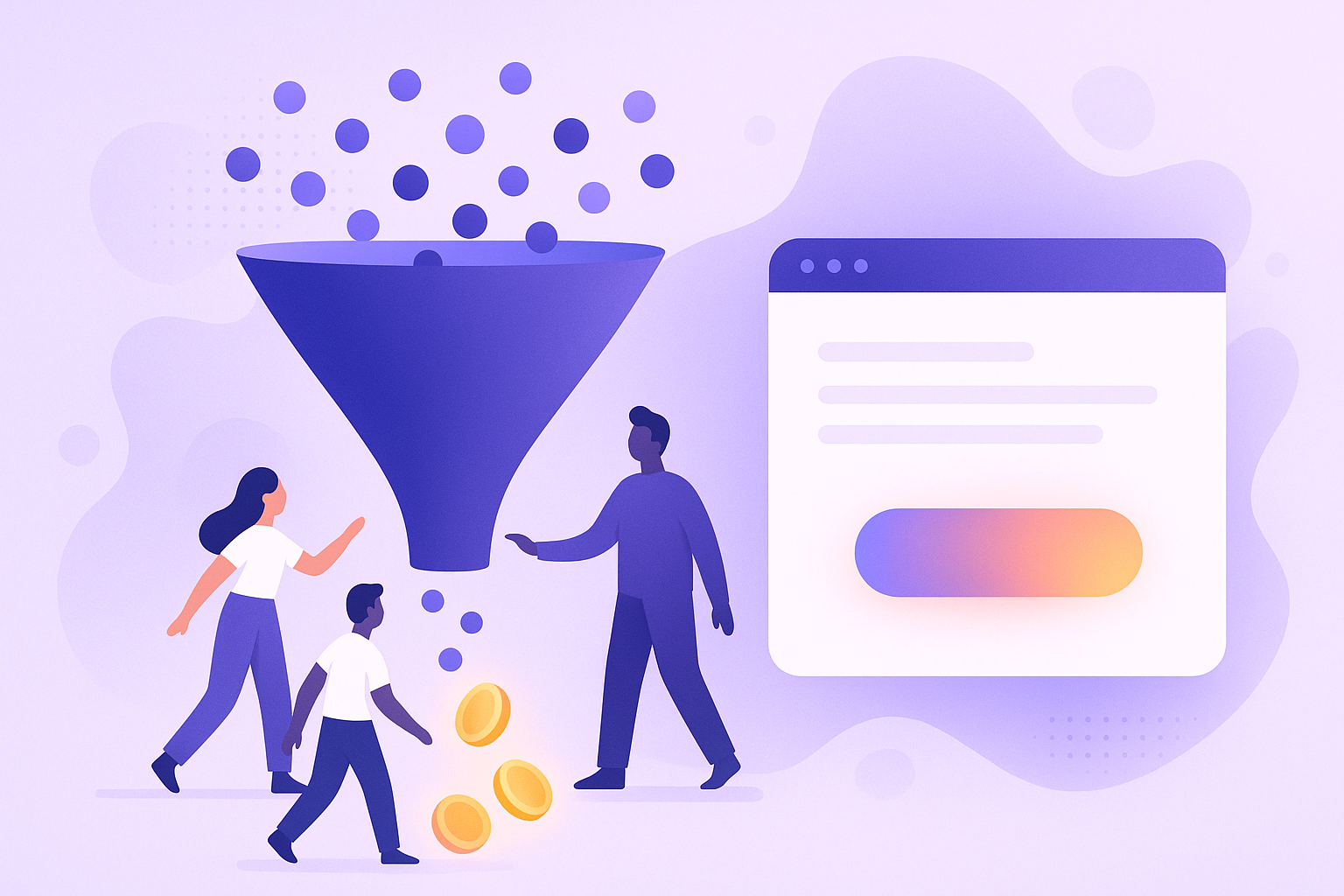 Illustration of a website conversion funnel turning visitors into customers