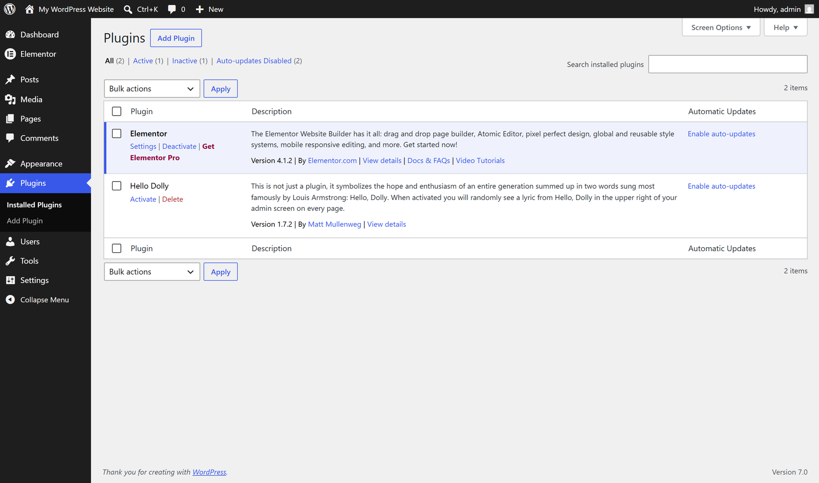 Elementor installed and active in the WordPress Plugins list