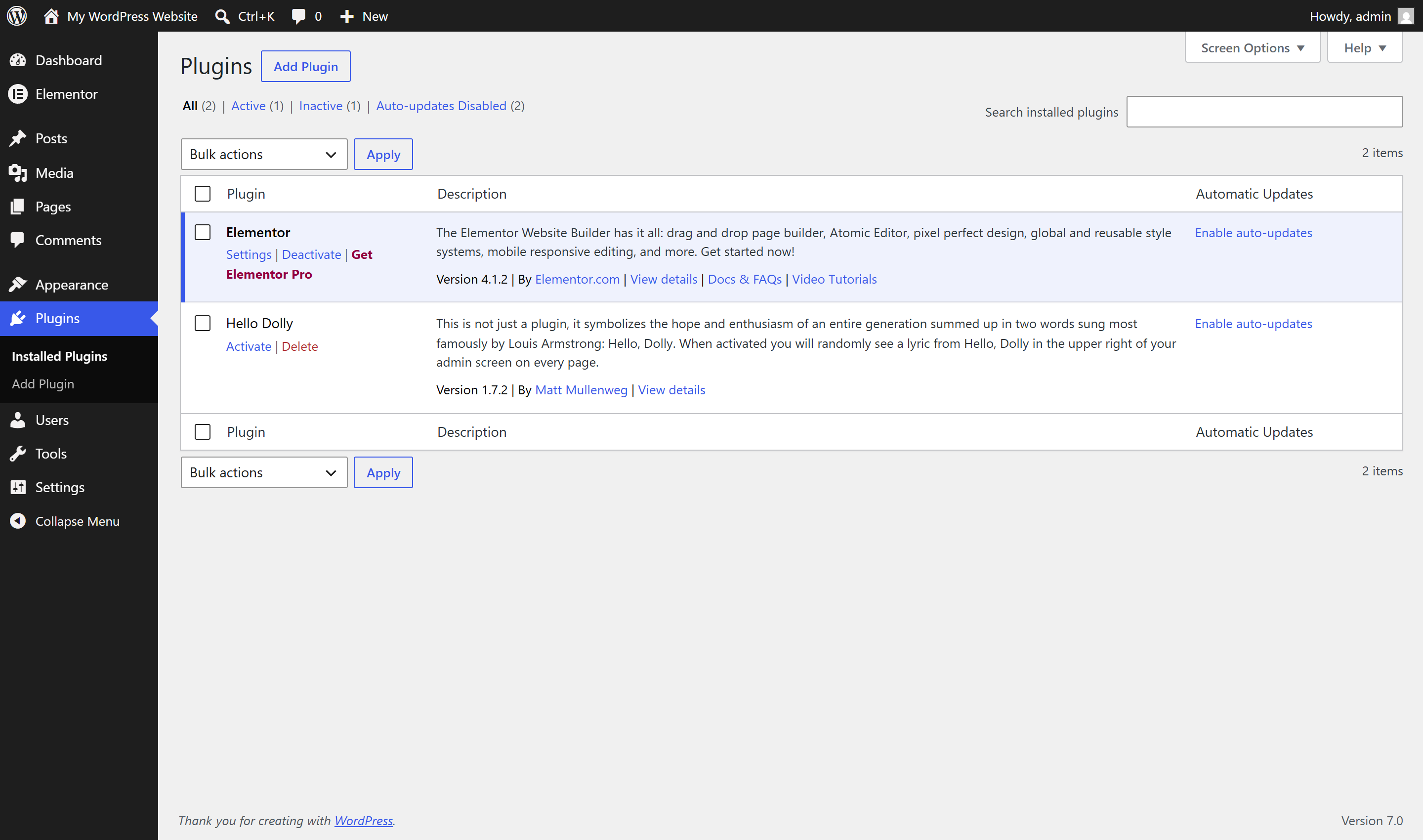 Elementor installed and active in the WordPress Plugins list
