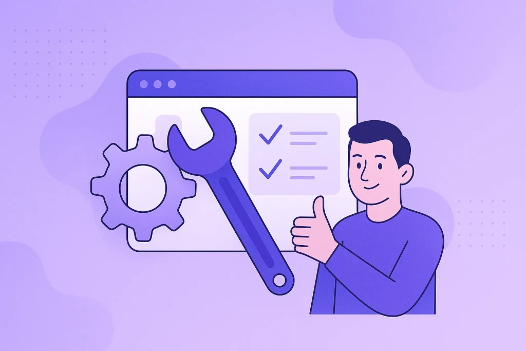 Illustration of website maintenance and hiring a professional, with a wrench, gear, checklist and a person giving a thumbs up