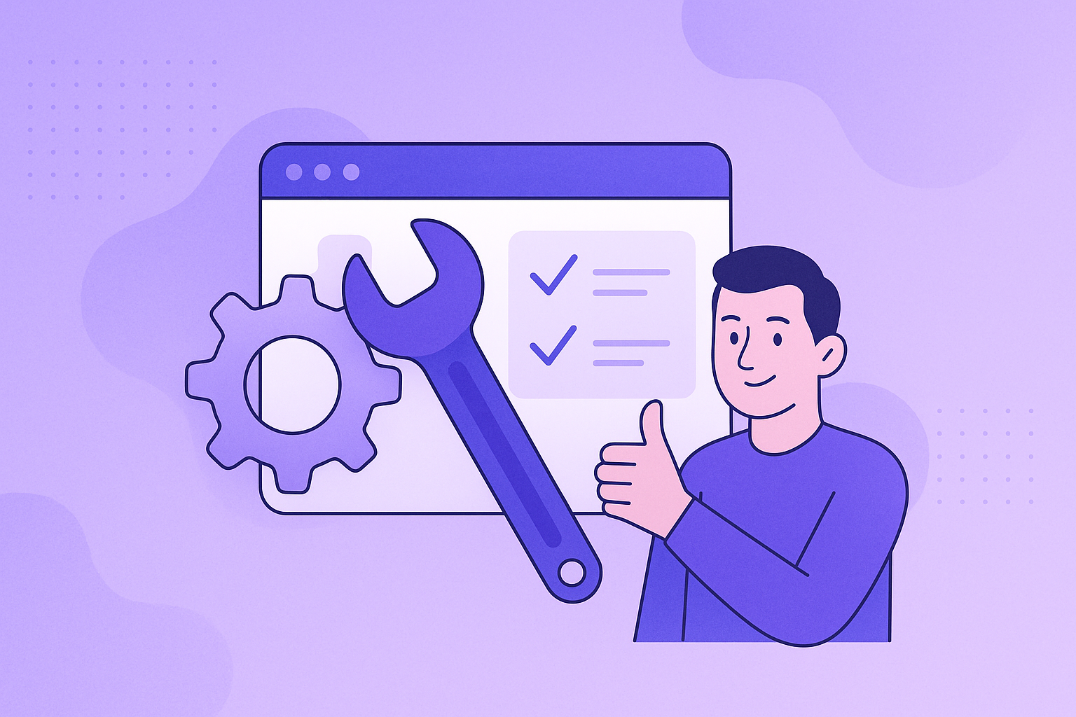 Illustration of website maintenance and hiring a professional, with a wrench, gear, checklist and a person giving a thumbs up