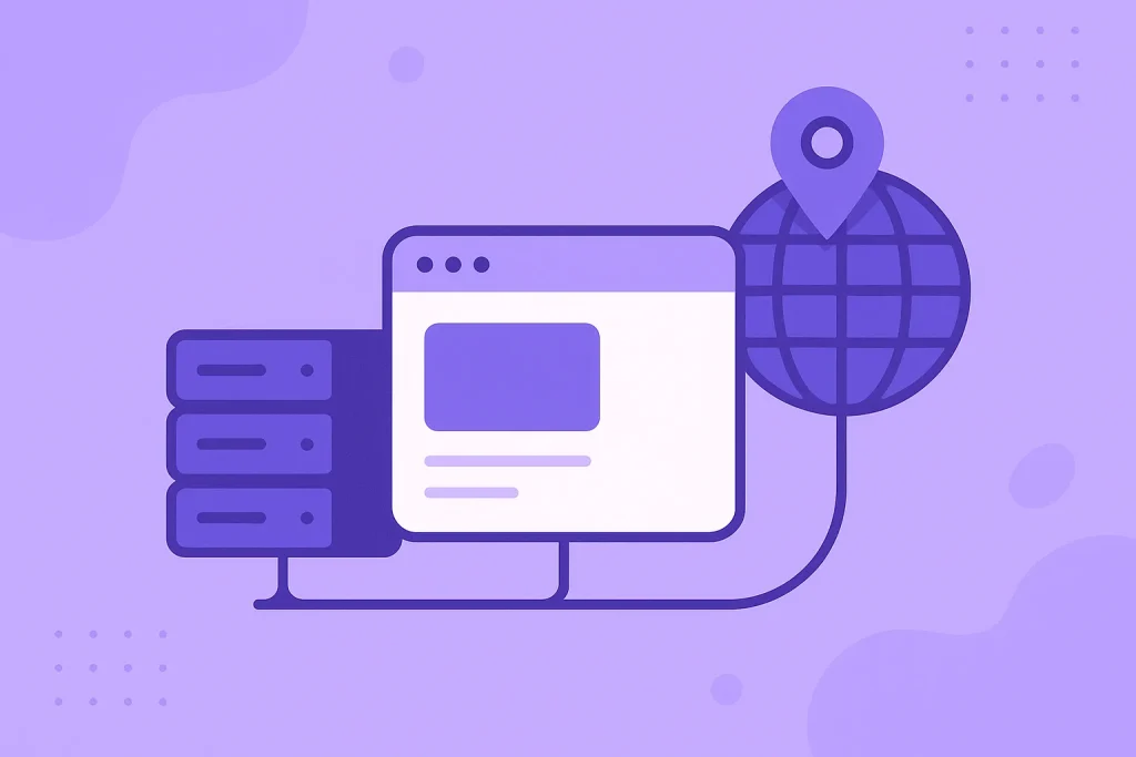 Illustration of website hosting and a domain name connecting a browser to a server
