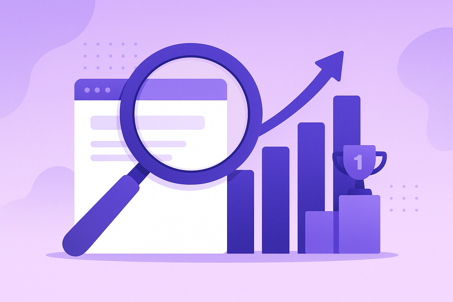 Illustration of SEO with a magnifying glass and rising rankings