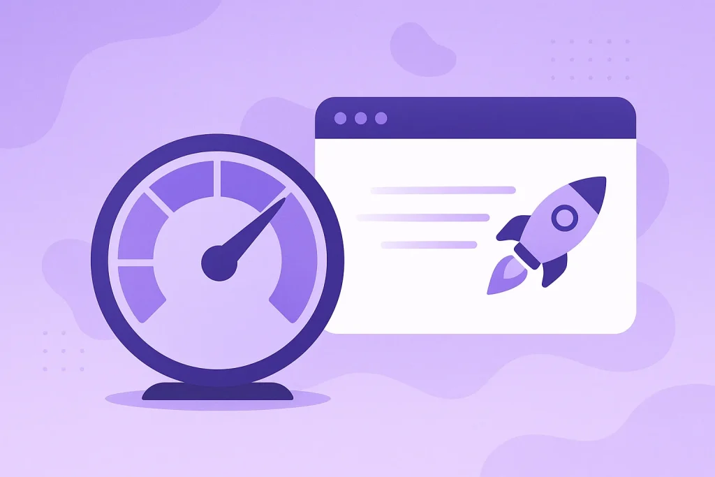 Illustration of website speed with a gauge and rocket