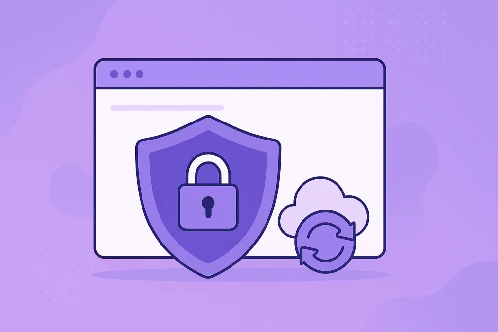 Illustration of website security and backups with a shield, padlock, cloud and restore arrows