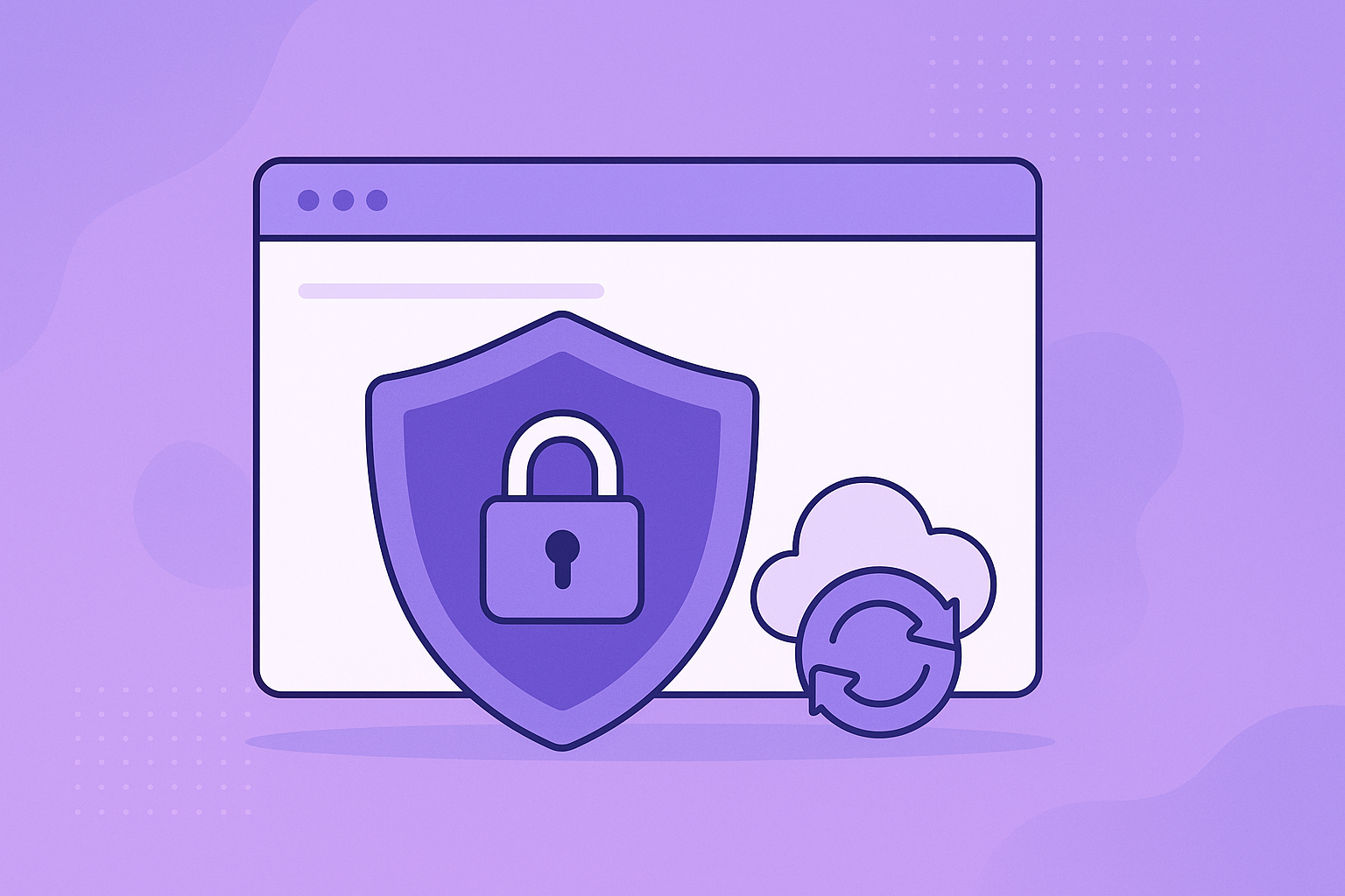 Illustration of website security and backups with a shield, padlock, cloud and restore arrows