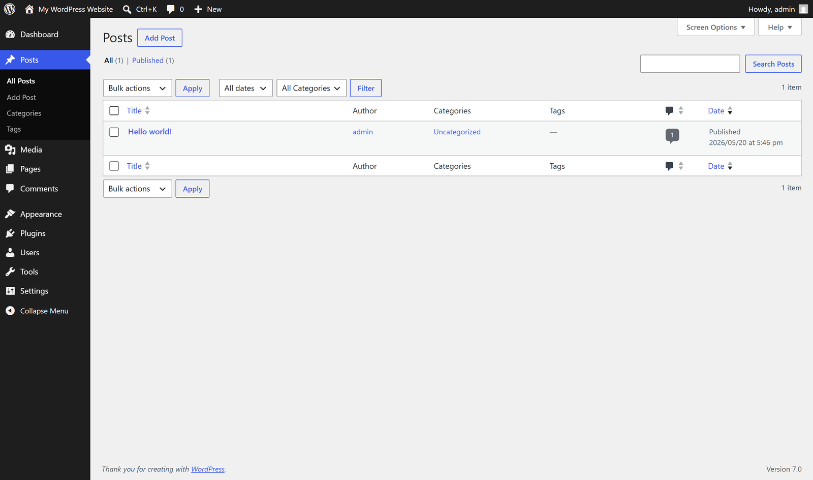The Posts screen in the WordPress dashboard