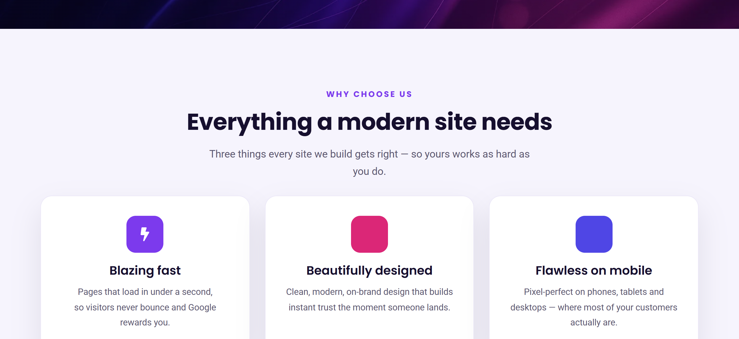A premium three-column feature row built with Elementor Flexbox containers