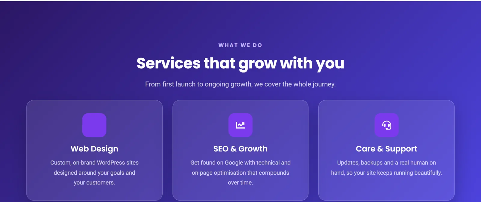 A premium Elementor services section with three icon-box cards on a gradient background