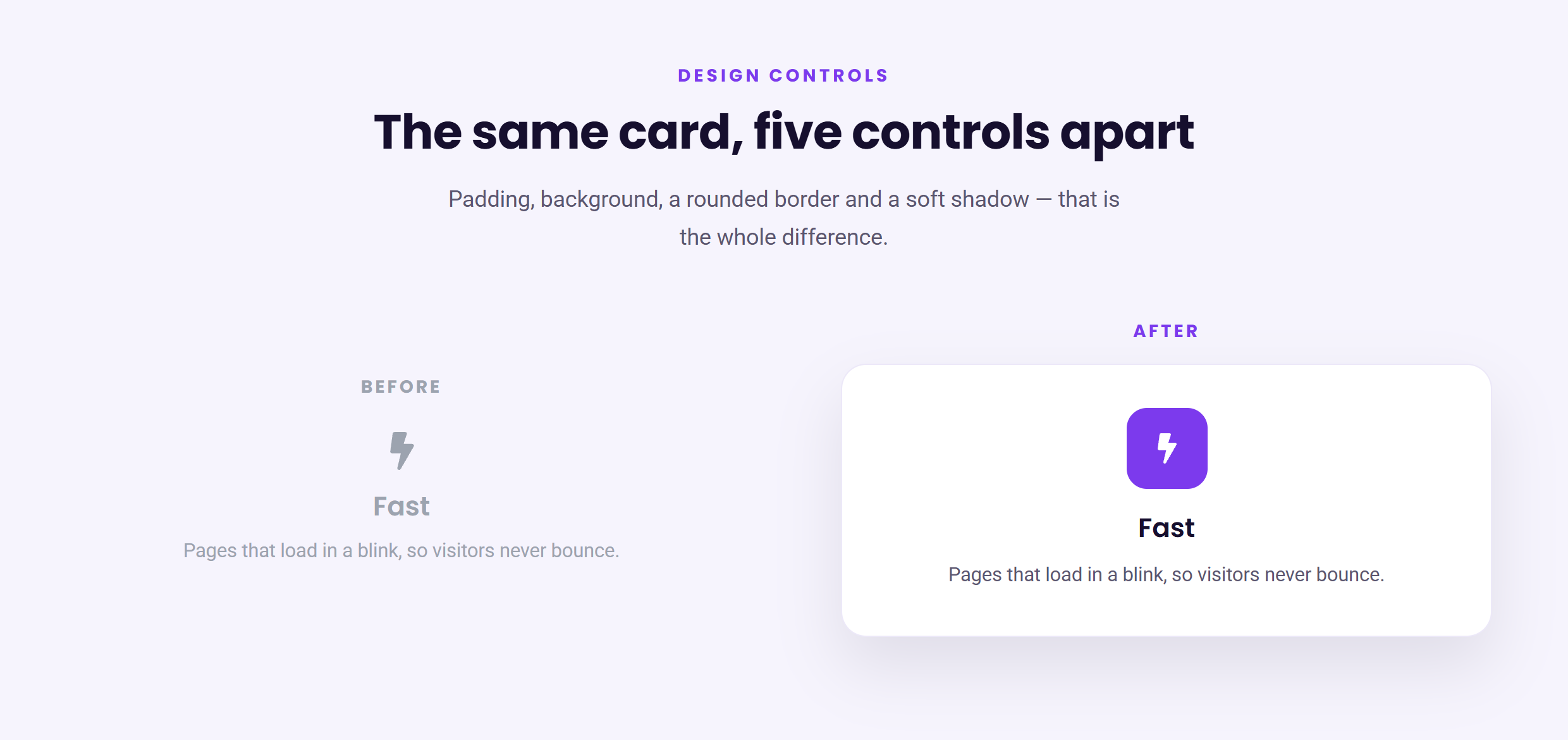 A plain default card beside the same card styled with padding, background, rounded corners and a soft shadow