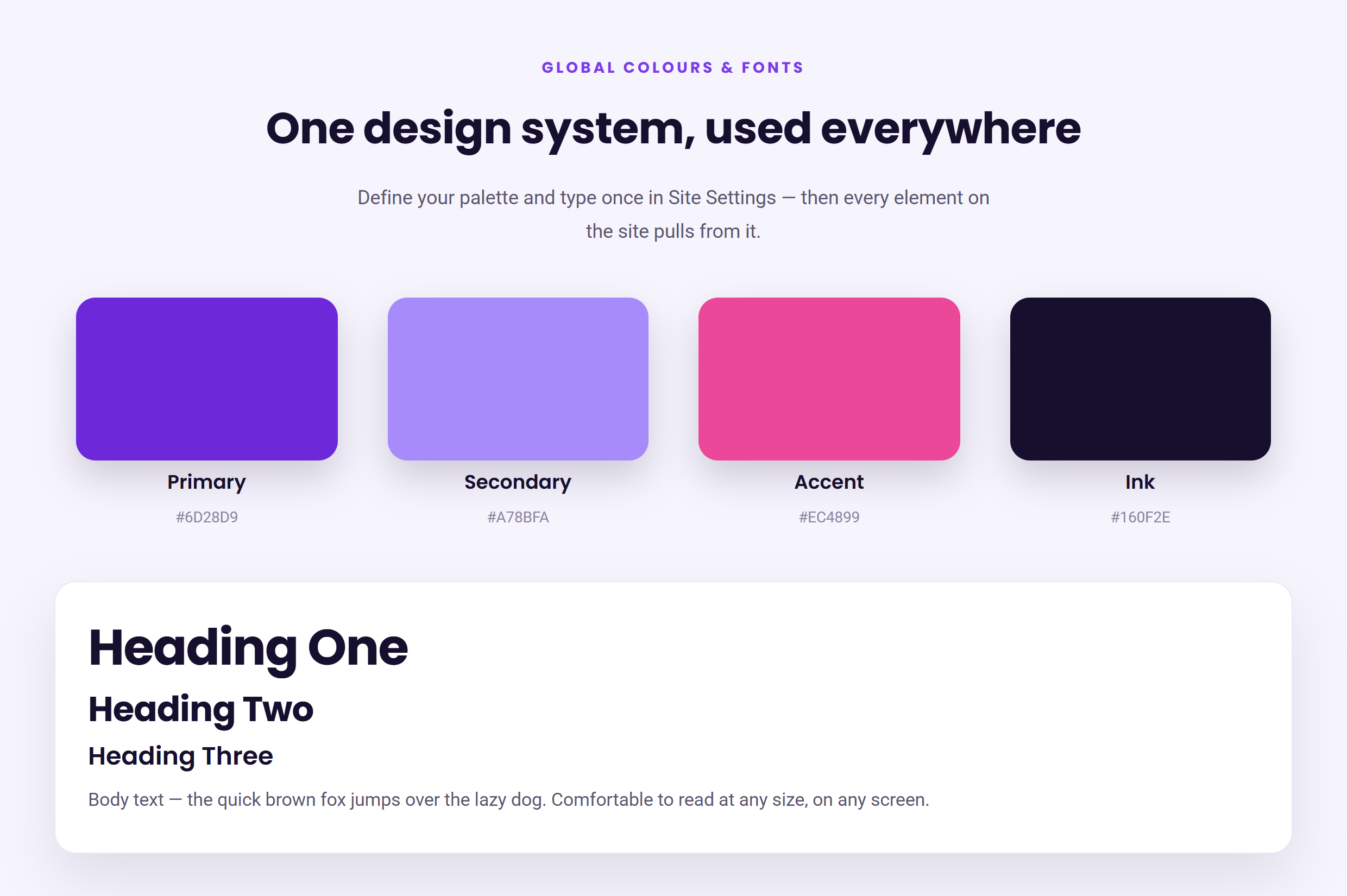 An Elementor design system: four global color swatches with hex codes and a heading type scale